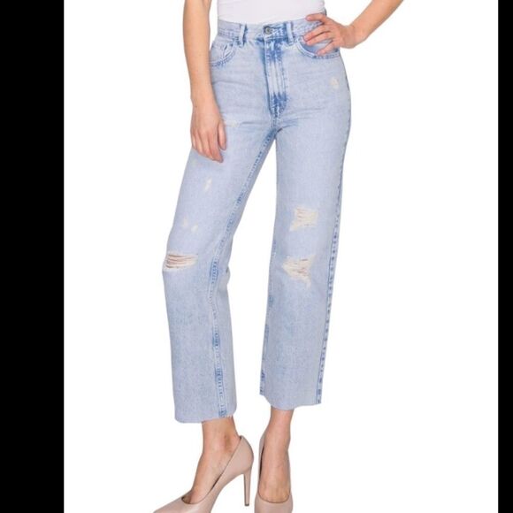 People ROF High Rise Maria Mom W/Rips Raw Edge Hem Faded Wash Skinny Leg Jeans - Picture 1 of 8
